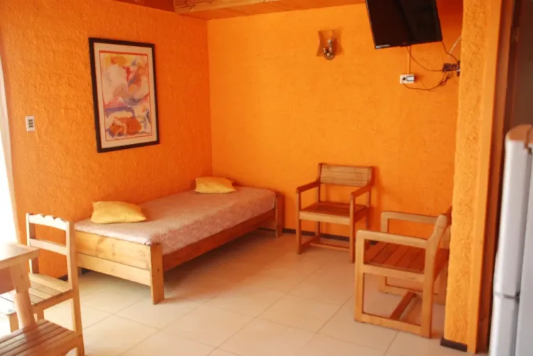 Interior de cabaña con cama individual, asientos y televisión